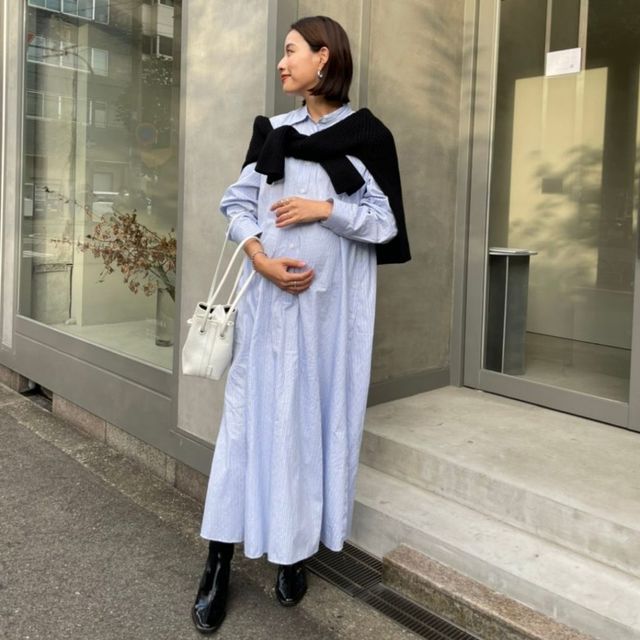 臨月 Zara のシャツワンピ ニット肩掛けで視線引き上げ Antenna アンテナ
