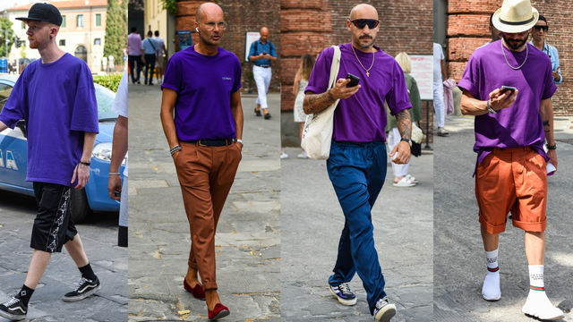 紫tシャツで夏のメンズコーデに変化を ベーシックアイテムとは違った個性を武器にした着こなし事例を紹介 Antenna アンテナ